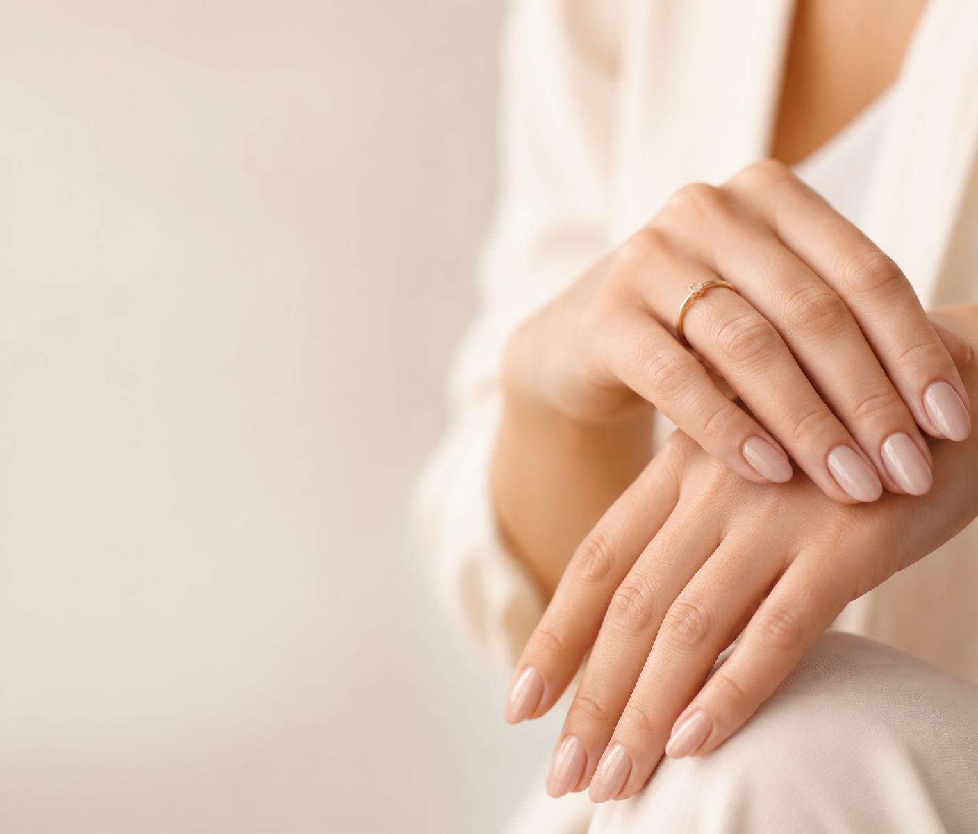 Mãos femininas com esmaltação nude brilhante recém-finalizada