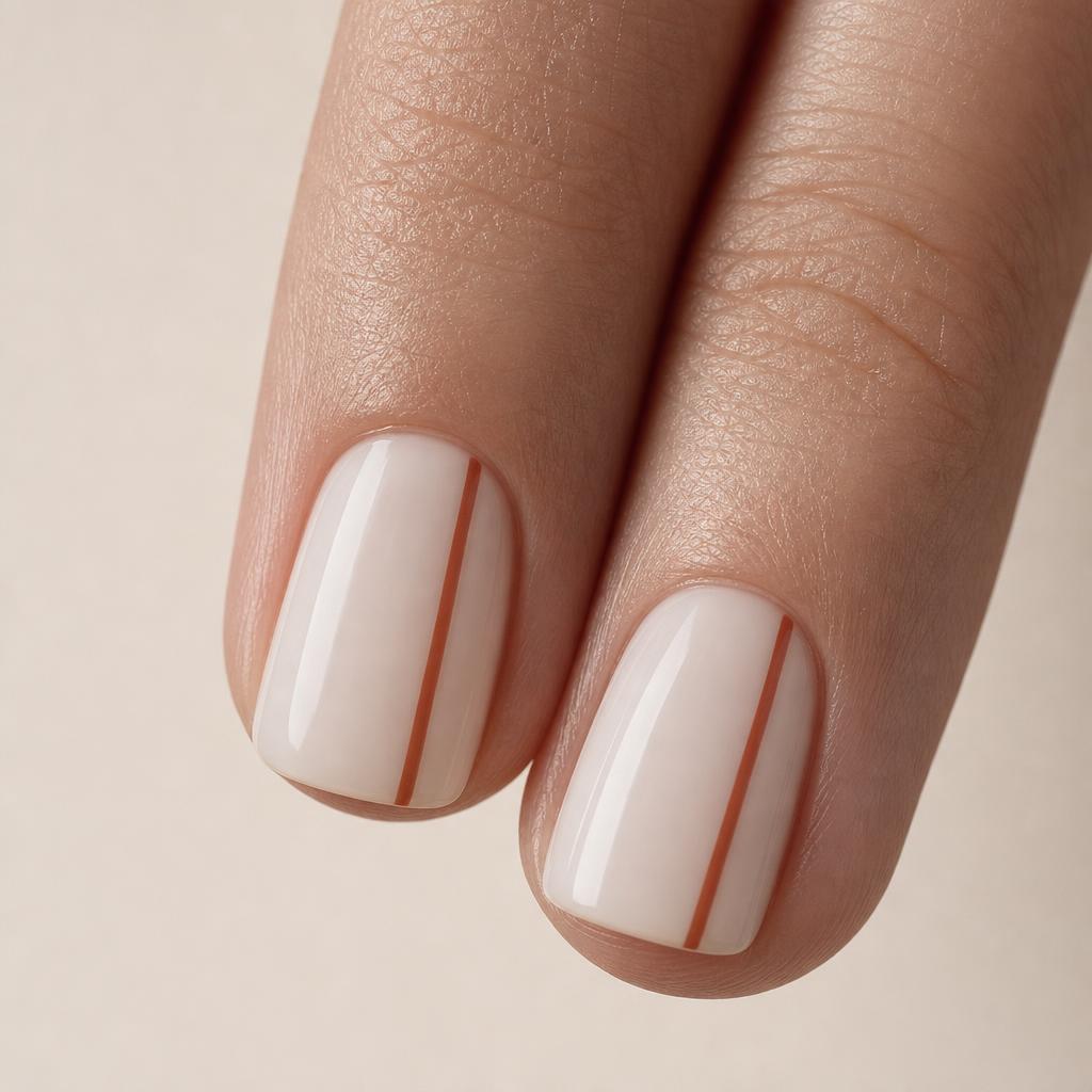 Nail art minimalista: base leitosa com fio fino em terracota