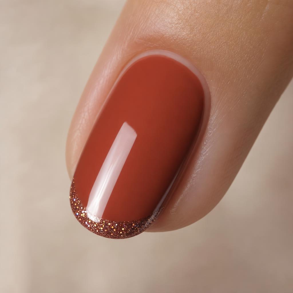 Detalhe macro de esmaltação terracota com ponta em glitter