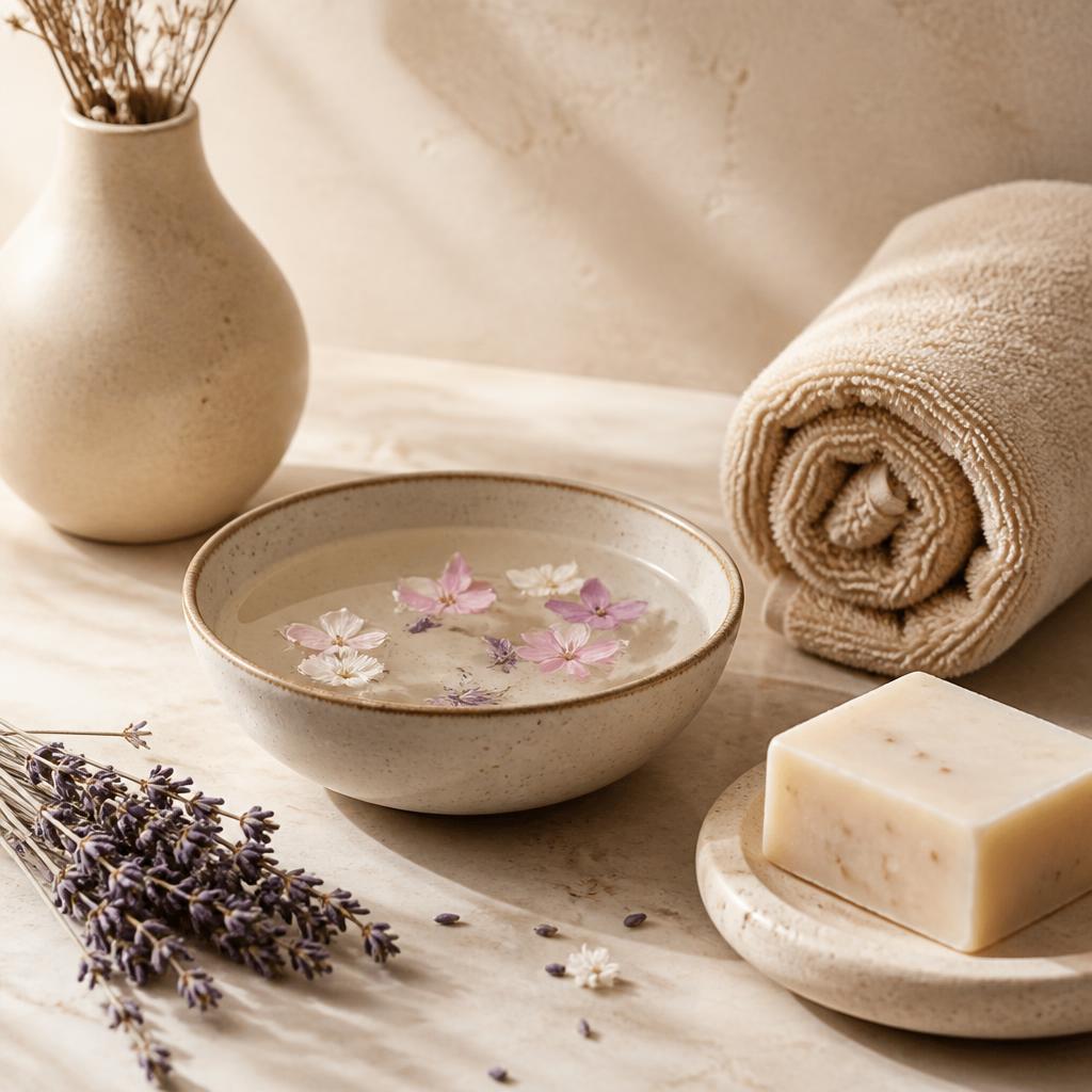 Ambiente de spa das mãos com toalha, sabonete e pétalas