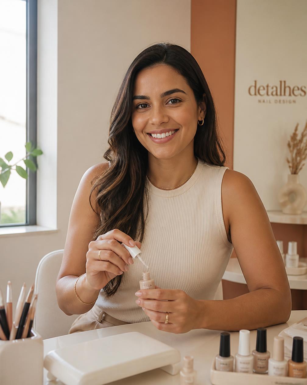 Retrato da manicure e nail designer em seu espaço de atendimento